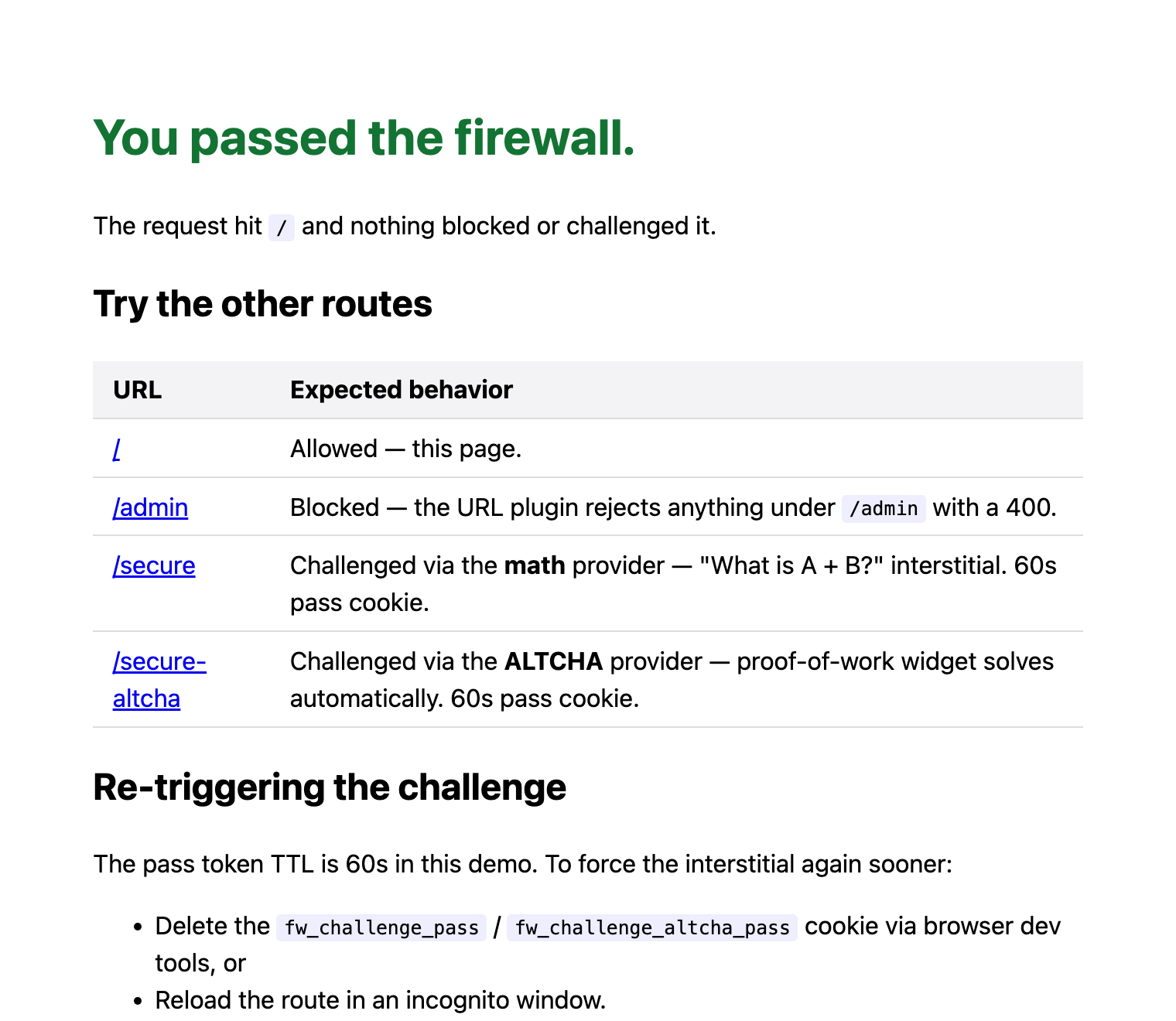 The request reached the application because no plugin matched The demo landing page, headed "You passed the firewall.", listing the four demo routes and their expected behavior